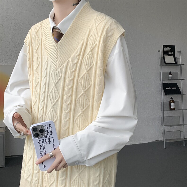 韩系叠穿复古麻花针织衫马甲男学院风早秋穿搭上衣服背心9097P58图片