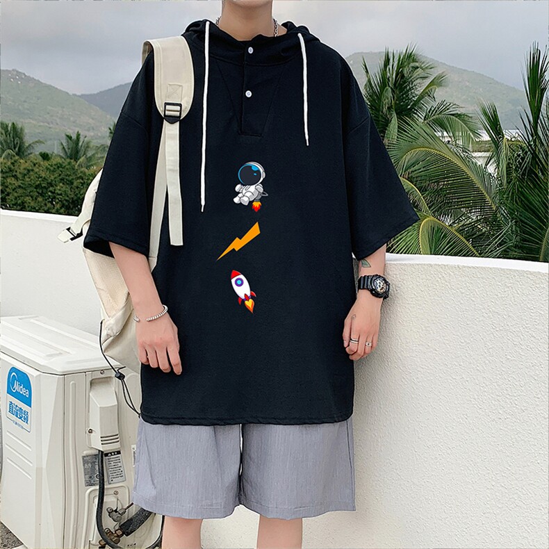 LD54165-P45 连帽短袖t恤男大码胖子带帽五分袖中袖图片