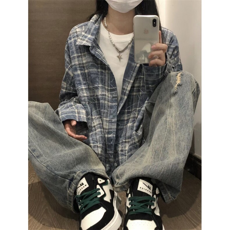 有货 cleanfit蓝格子衬衫设计感高级长袖衬衣美式复古CS691HH-P50图片