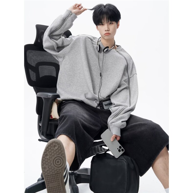 网络图现货美式复古双拉链设计感圆领cleanfit重磅卫衣J6785-P42,男装卫衣,星座715-7