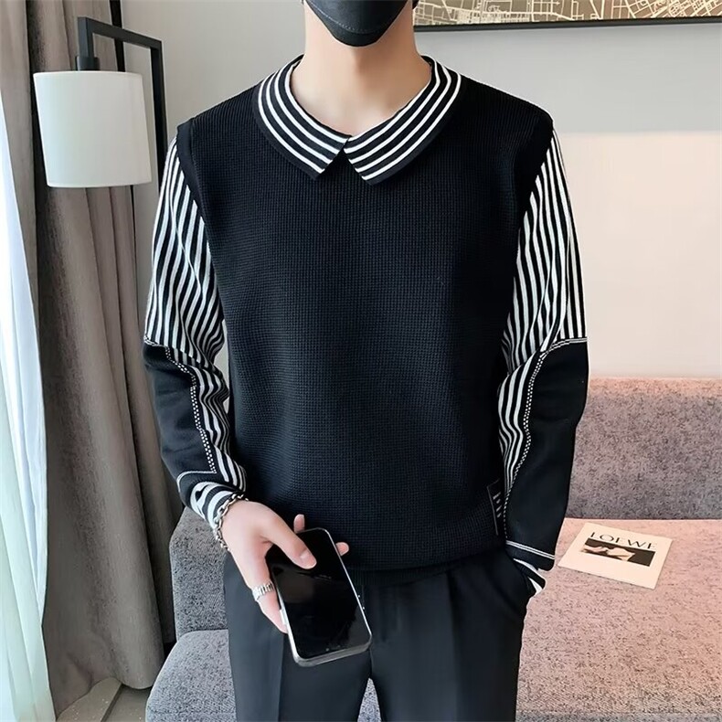 假两件毛衣男士内搭针织衫秋冬季拼接男装撞色翻领线衣上衣M847,男装针织衫/毛衣,星座1116A-2（原606A-1）