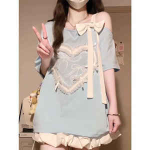 H0674-P40斜肩甜美性感中长短袖T恤女图片