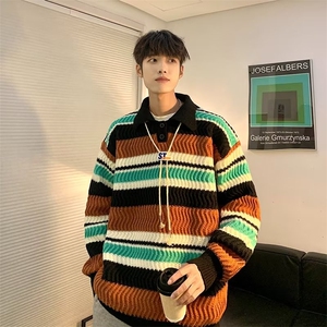 韩鹿毛绒美式潮牌条纹设计感翻领针织衫男秋冬情侣套头毛衣图片
