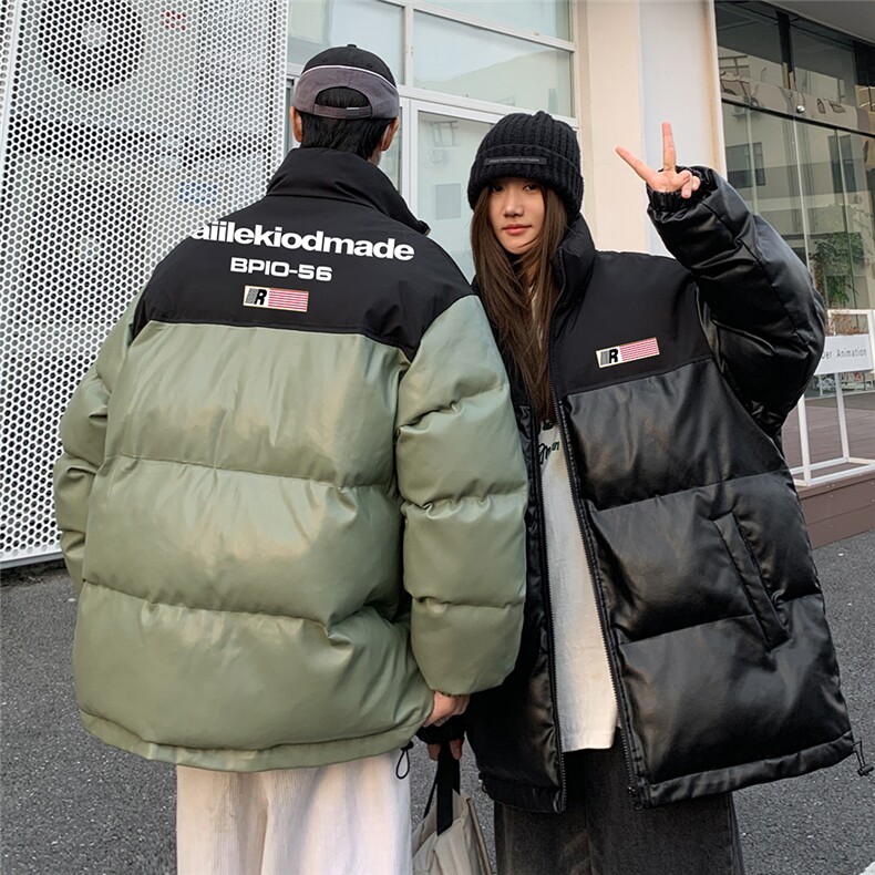港风街景冬款时尚字母印花情侣PU皮棉服A247-MY6405特批95控158图片
