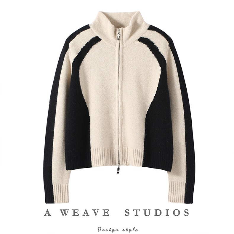 2025年秋季新款拼色针织羊绒开衫外套时尚休闲通勤百搭，女装羊绒衫，隆秋羊绒