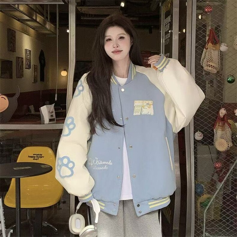 小清新蓝色棒球服外套女春秋百搭宽松学生撞色拼接甜酷夹克上衣,男装夹克,星座1210-1