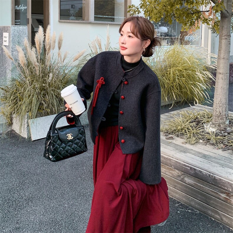 新中式国风撞色拼接双面呢羊毛外套女秋冬2025新款设计减龄厚大衣,女装毛呢外套,2C028