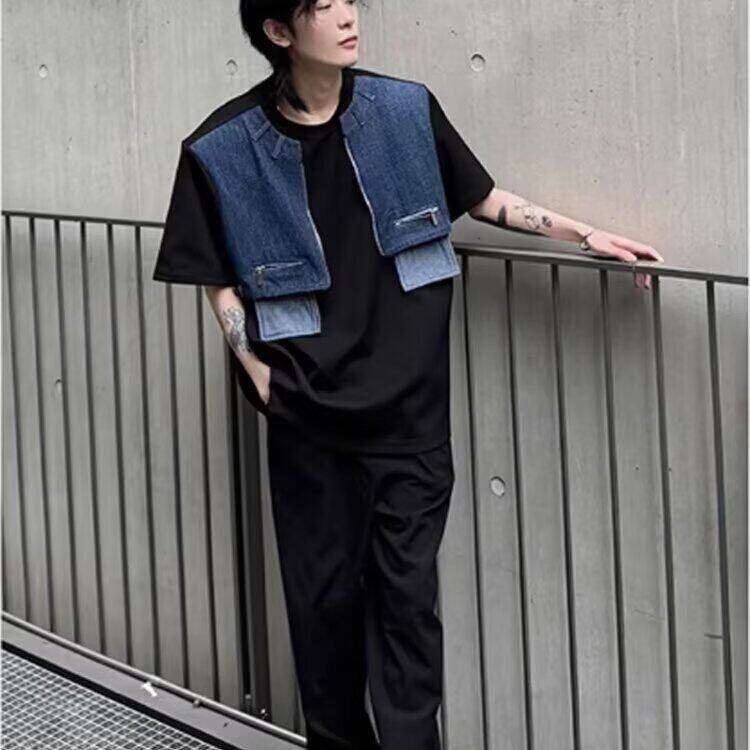 W9981-P45网图现货解构小众设计感短袖高级感牛仔拼接假两件T恤,男装T恤,星座1608-2