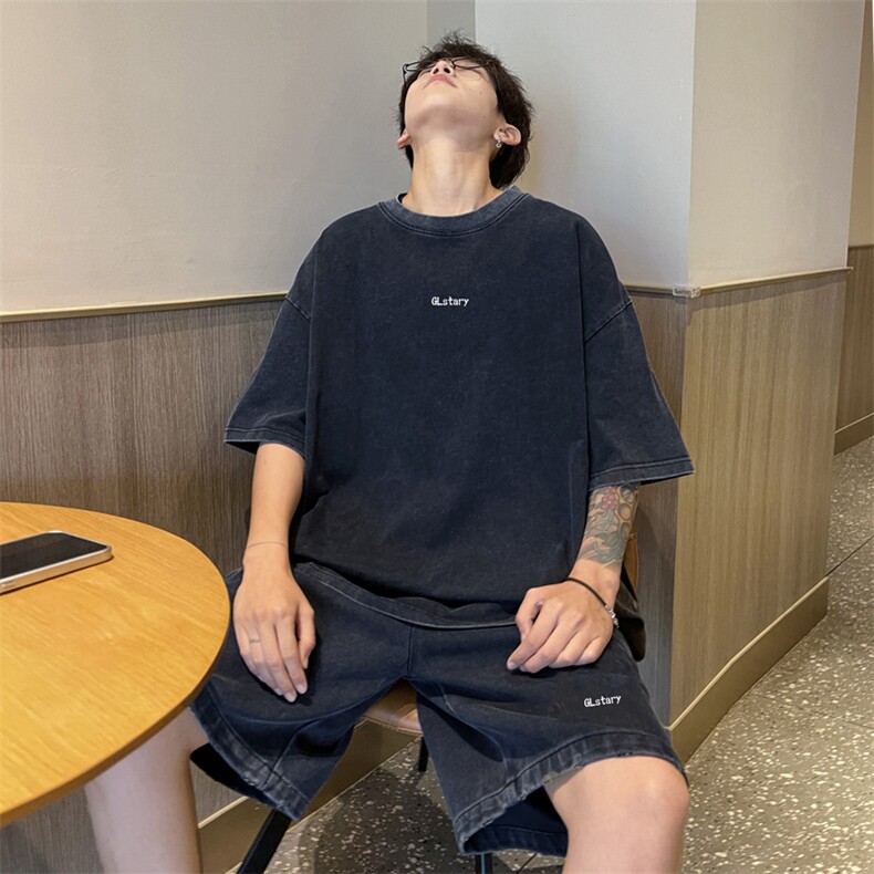 wassuphappy水洗做旧短袖t恤男夏季潮流休闲运动套装帅气两件套,男装休闲套装,电商B371