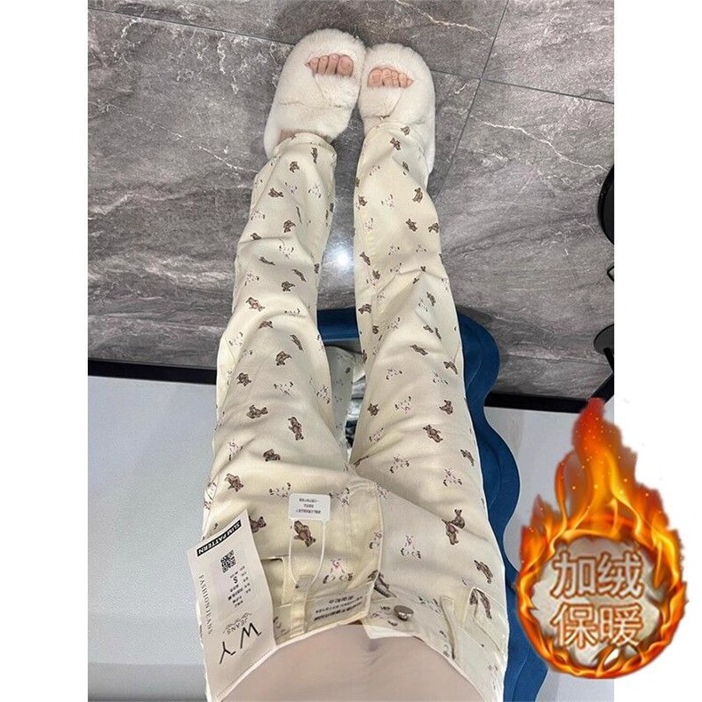 美式复古小熊印花直筒牛仔裤女秋冬加绒小众设计感宽松显瘦阔腿裤,男装牛仔裤,星座506A