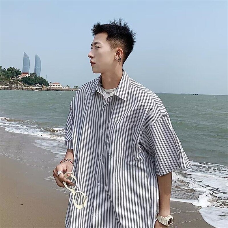 D555-P35新款条纹短袖衬衫男款潮牌痞帅外穿五分袖上衣-网图现货,男装衬衫,星座603-2