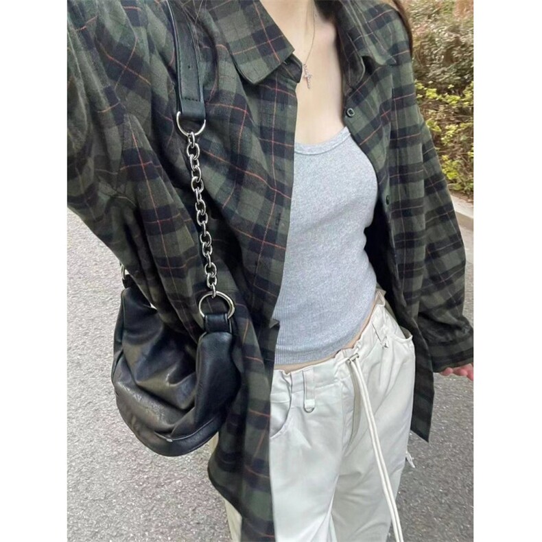 复古绿色格子衬衫女秋冬季宽松风中长款衬衣外套开衫外搭 CA206图片