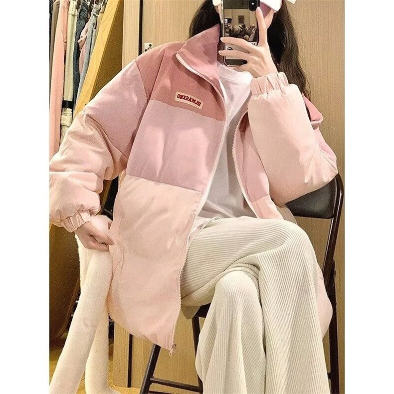 撞色拼接棉袄棉服女短款冬小个子加厚宽松立领面包服学生外套,男装夹克,星座506A