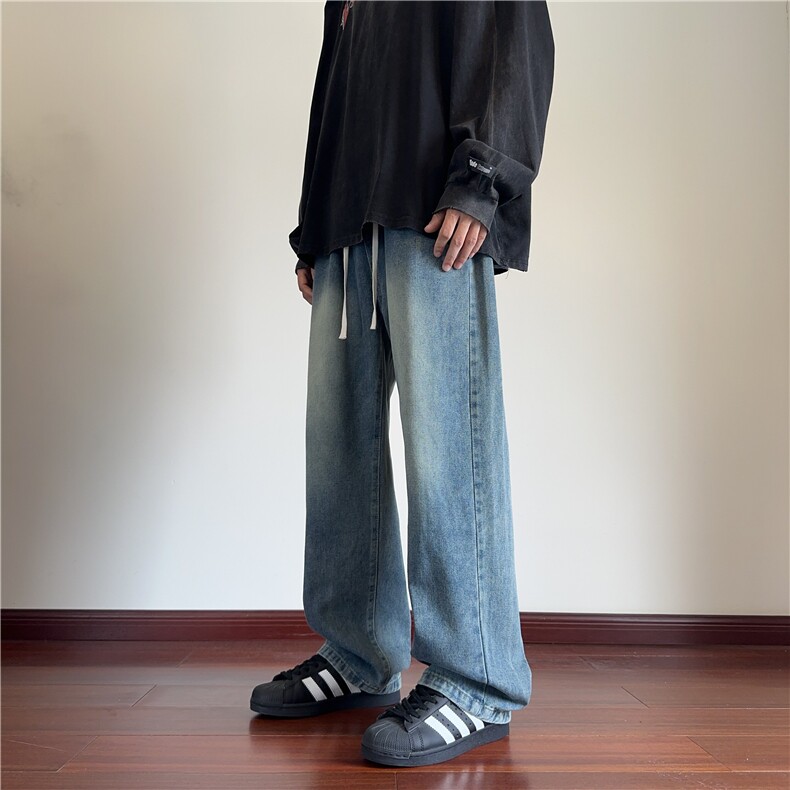 潮牌裤子男秋季新款宽松直筒阔腿裤美式高级感男士休闲长裤9056，男装牛仔裤，星座302A-2