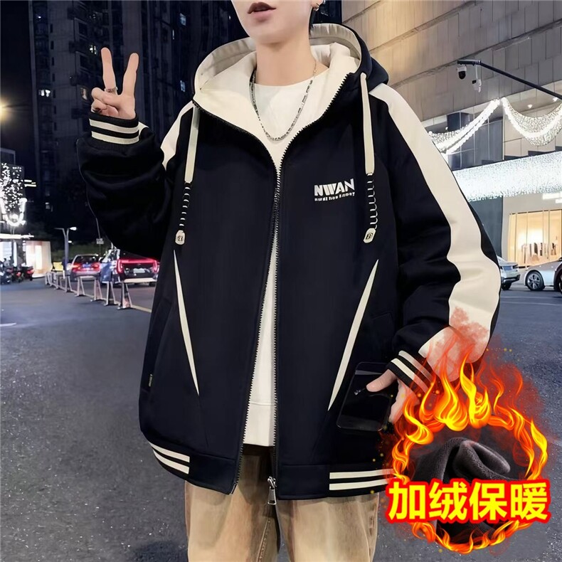 秋冬新款青少年加绒加厚夹克男生宽松港风潮流学生棒球服外套大码图片