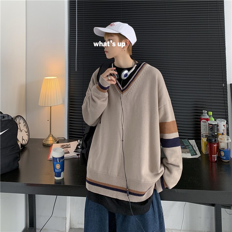 21秋装港风针织衫V领长袖毛衣JK宽松制服情侣慵懒风中性W08/P65,男装针织衫/毛衣,钱塘713