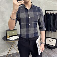 2021现货夏季格子短袖衬衫男修身七分袖衬衣韩版CS27-P45，男装T恤，电商B413