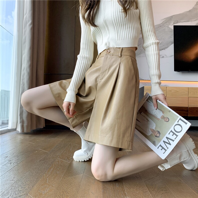 2024皮短裤女秋冬pu韩版皮裤a字高腰阔腿五分裤宽松显瘦直筒中裤,女装休闲裤,梦白服饰厂