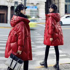 【现货】白鸭绒羽绒服女中长款年冬新款长袖连帽外套纯色加厚,女装羽绒服,鑫源服饰