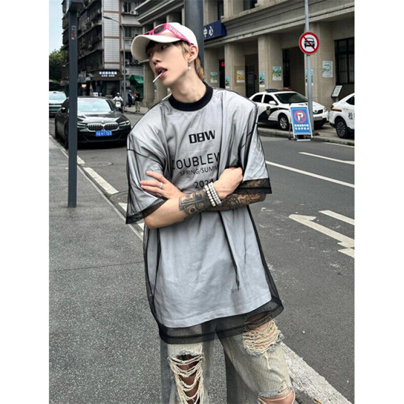 小众设计师款男装假两件网纱短袖夏季潮牌痞帅高级感t恤T522,男装T恤,星座1116A（原606A-3）