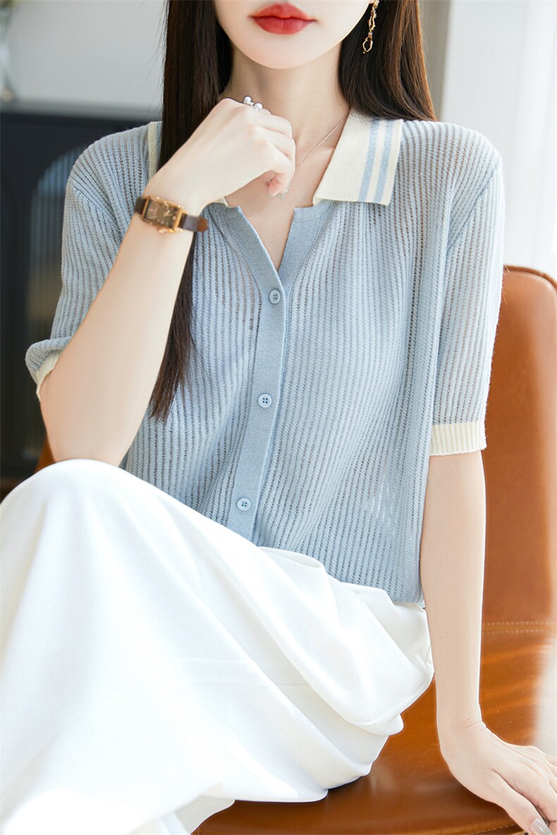 夏新款女士撞色翻领短袖开衫时尚薄款半袖Polo衫休闲夏装内搭上衣,针织衫/毛衣,唐诺