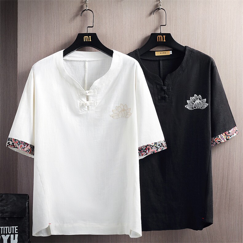夏季棉麻T恤刺绣亚麻风短袖圆领拼接盘扣宽松A266-1-T187-P45，男装T恤，电商A266-1