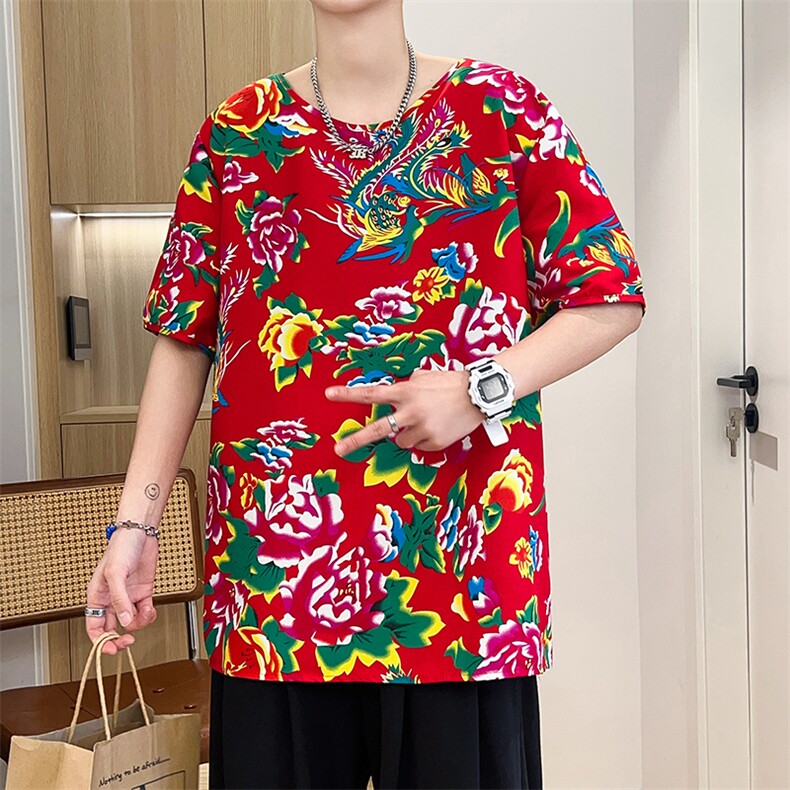 HT203夏男休闲东北大花民族风牡丹花圆领短袖T恤青少年大码男女潮，男装T恤，星座115A(原星座507）