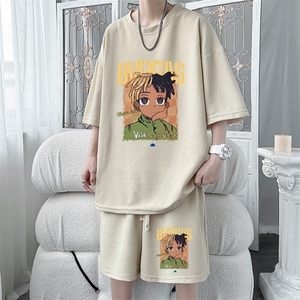 初高中生运动套装男夏季华夫格短袖t恤潮牌痞帅冰丝休闲短裤一套图片