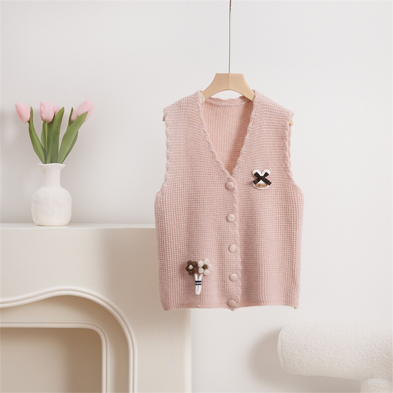 秋季新款女装可爱装饰马甲时尚百搭休闲粉色V领无袖针织背心外套图片