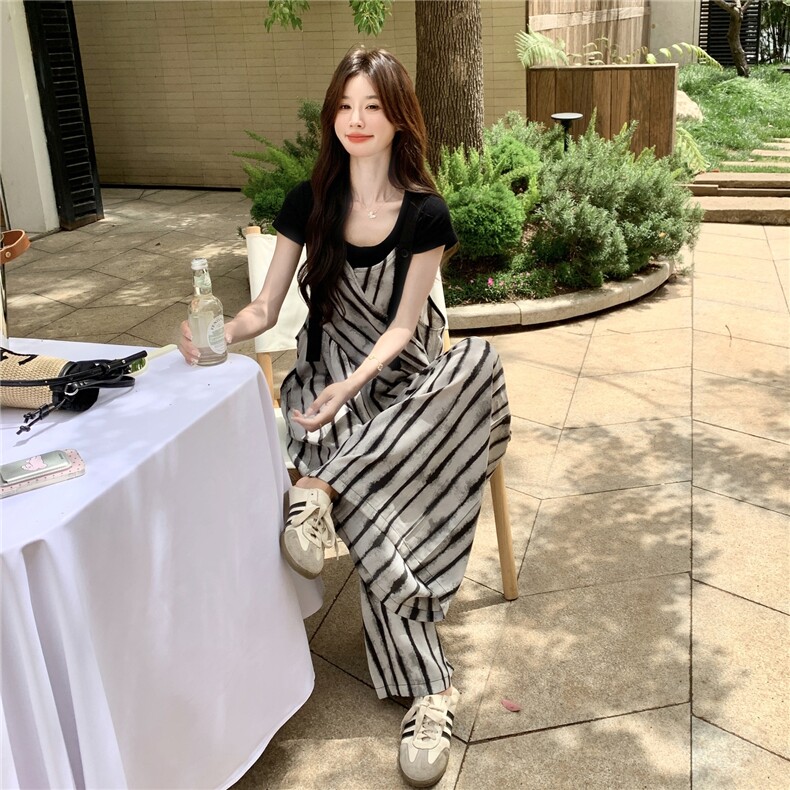 韩系慵懒风条纹背带裤女2025年夏季高级感宽松休闲气质淡人阔腿裤,女装连体裤,2C087