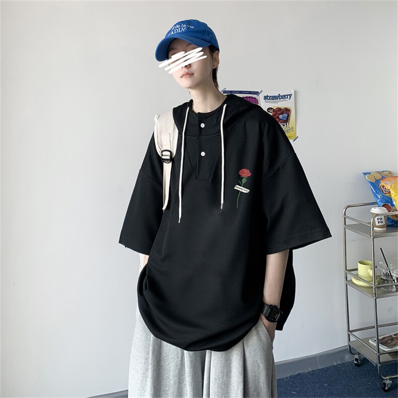 夏季港风冰丝宽松连帽短袖t恤五分体恤上衣TLM56-P40控58,男装T恤,电商B370
