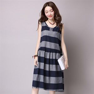 短袖 中裙 2021年夏季 A字裙 件 套头 中腰 圆领 条纹 连衣裙图片