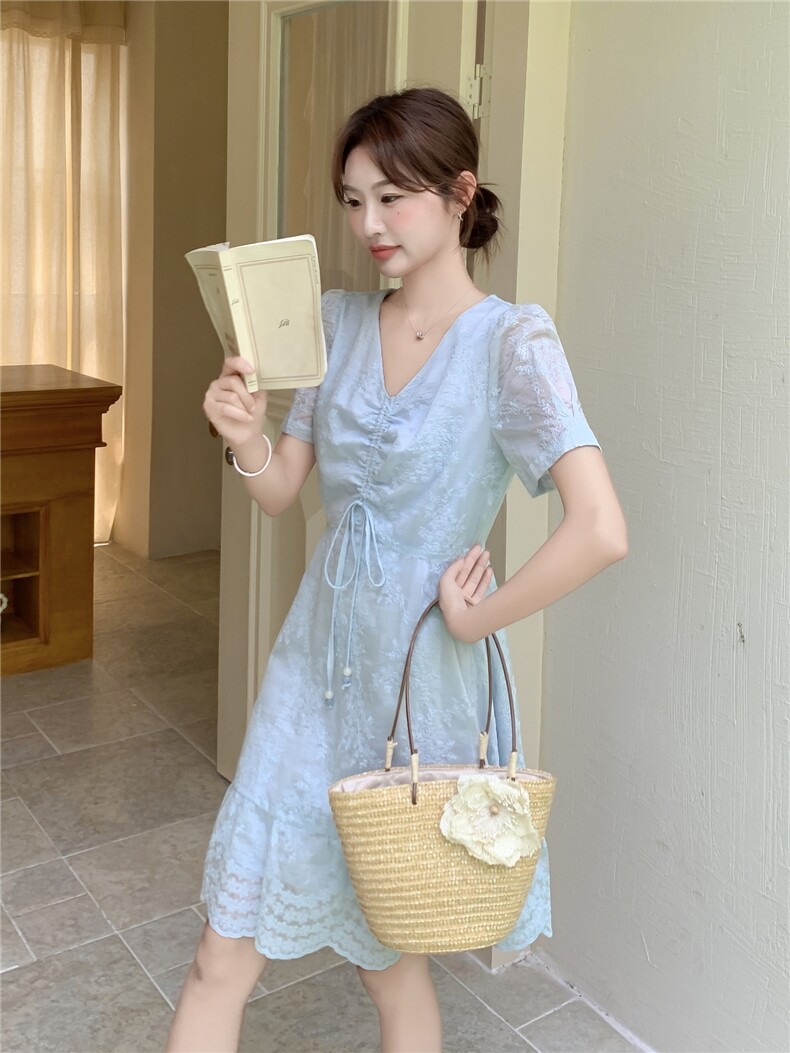 浅蓝色法式精致刺绣V领连衣裙女2026夏季新款巨好看气质减龄,女装连衣裙,霓裳依族
