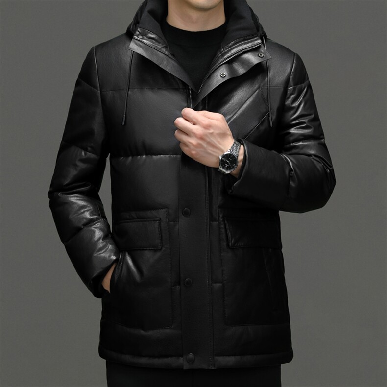 秋冬新款男士真皮羽绒服男中长款连帽外套鹅绒服绵羊皮夹克P1250图片
