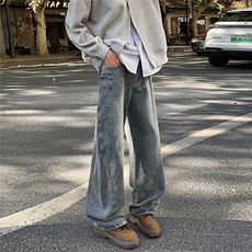 美式水洗弯刀工装牛仔裤男秋冬拼接宽松阔腿裤高街直筒裤N405-P50，男装牛仔裤，星座308B-1