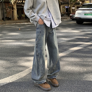 美式水洗弯刀工装牛仔裤男秋冬拼接宽松阔腿裤高街直筒裤N405-P50图片