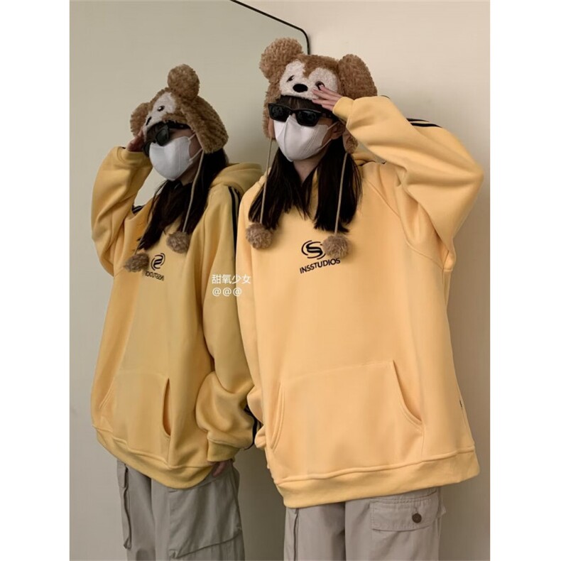 2025春季新款情侣男女同款中性风美式复古潮流三条杠连帽卫衣，男装卫衣，星座506A