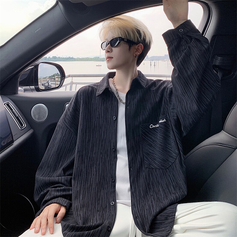 衬衫男秋季新款港风宽松大码灯芯绒扎染刺绣长袖衬衣CS8102-P42，男装衬衫，星座214-3