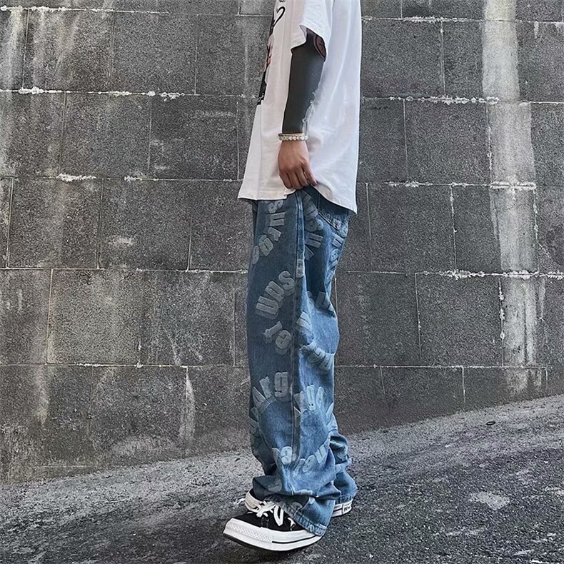 复古阔腿牛仔裤男宽松hiphop高街嘻哈休闲阔腿拖地长裤子k171-p45