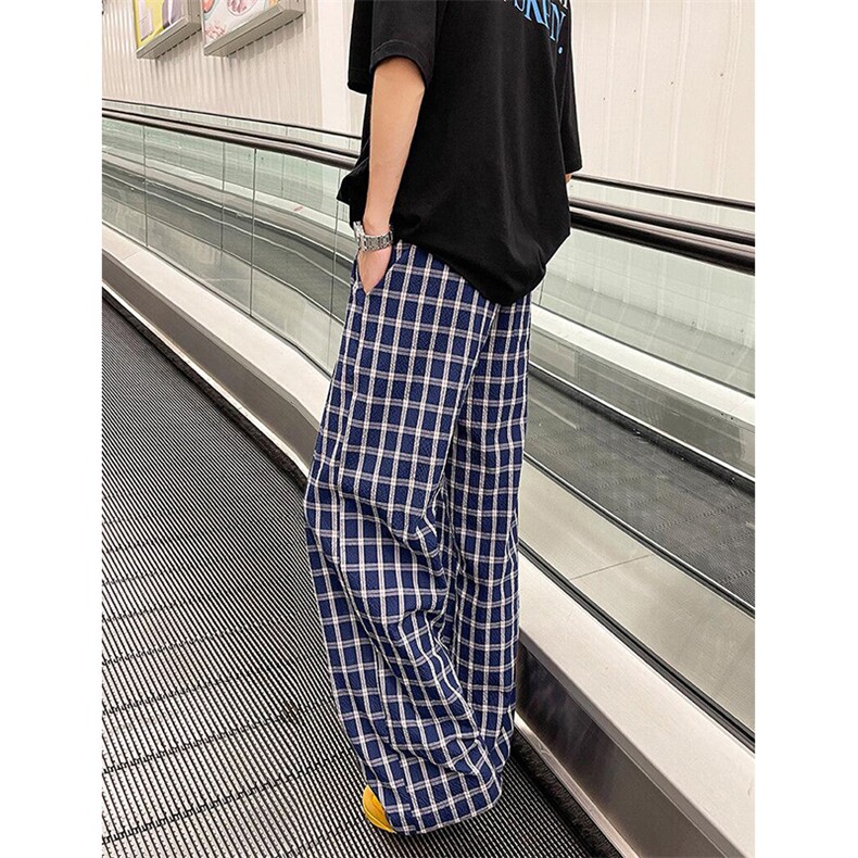 美式高街潮牌男女泡泡格子休闲裤直筒宽松慵懒显瘦阔腿休闲长裤子,男装休闲裤,电商A486