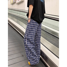 美式高街潮牌男女泡泡格子休闲裤直筒宽松慵懒显瘦阔腿休闲长裤子，男装休闲裤，电商A486