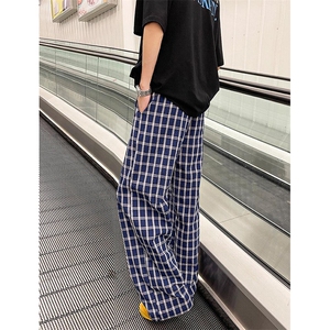 美式高街潮牌男女泡泡格子休闲裤直筒宽松慵懒显瘦阔腿休闲长裤子图片