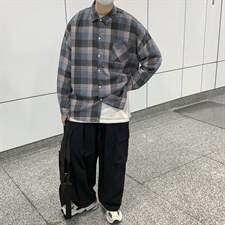 夏季ins港风复古格子宽松衬衫潮流宽松百搭薄款上衣W1203-P32，男装衬衫，星座512-4