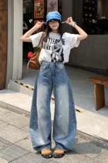 复古水洗设计感磨白廊形弯刀牛仔裤夏季男女宽松长裤子YD9001-P65，男装牛仔裤，星座509