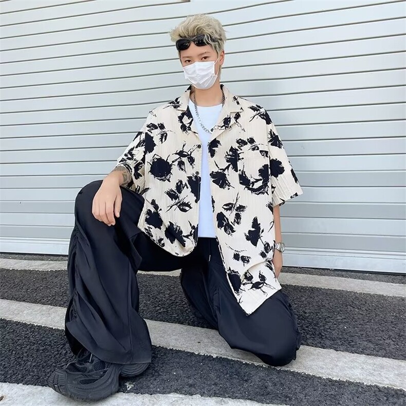 ins美式复古设计感古巴领短袖花衬衫男夏季宽松痞帅衬衣,男装衬衫,星座716-4