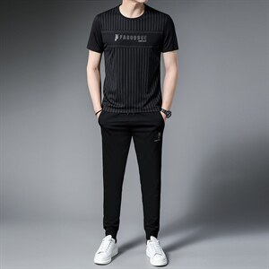 运动套装男士短袖新款夏季POLO圆领t恤长裤休闲运动服两件套宽松图片