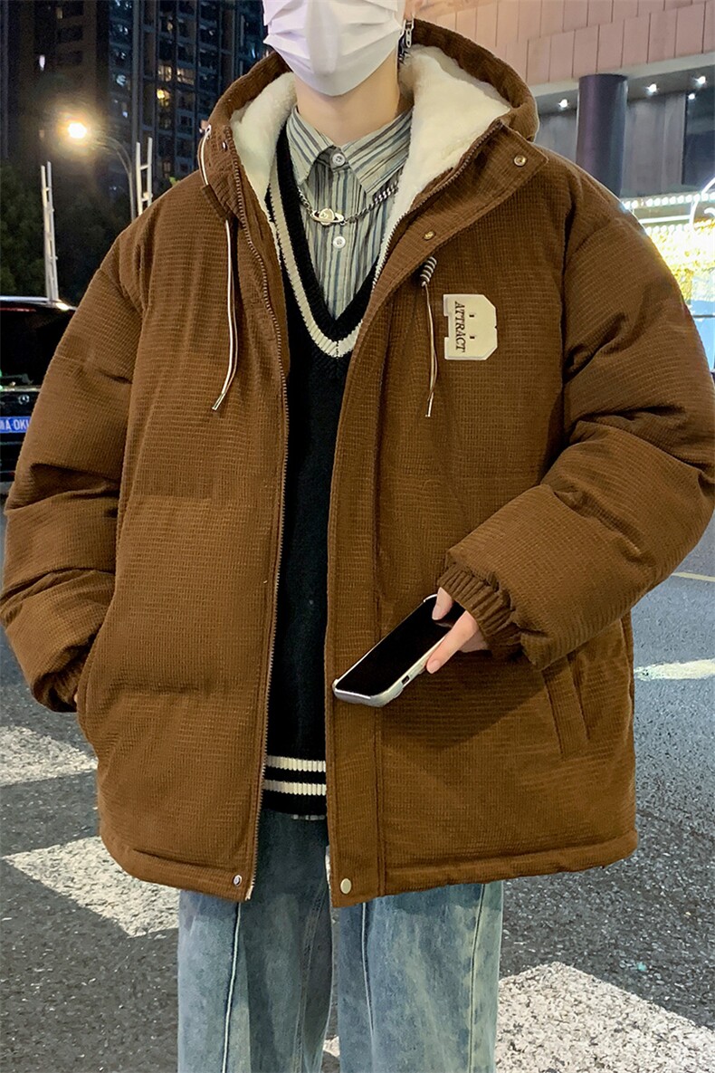 冬季青少年灯芯绒连帽棉衣潮牌羊羔毛加绒加厚棉服外套5305-P85,男装棉衣,电商B306
