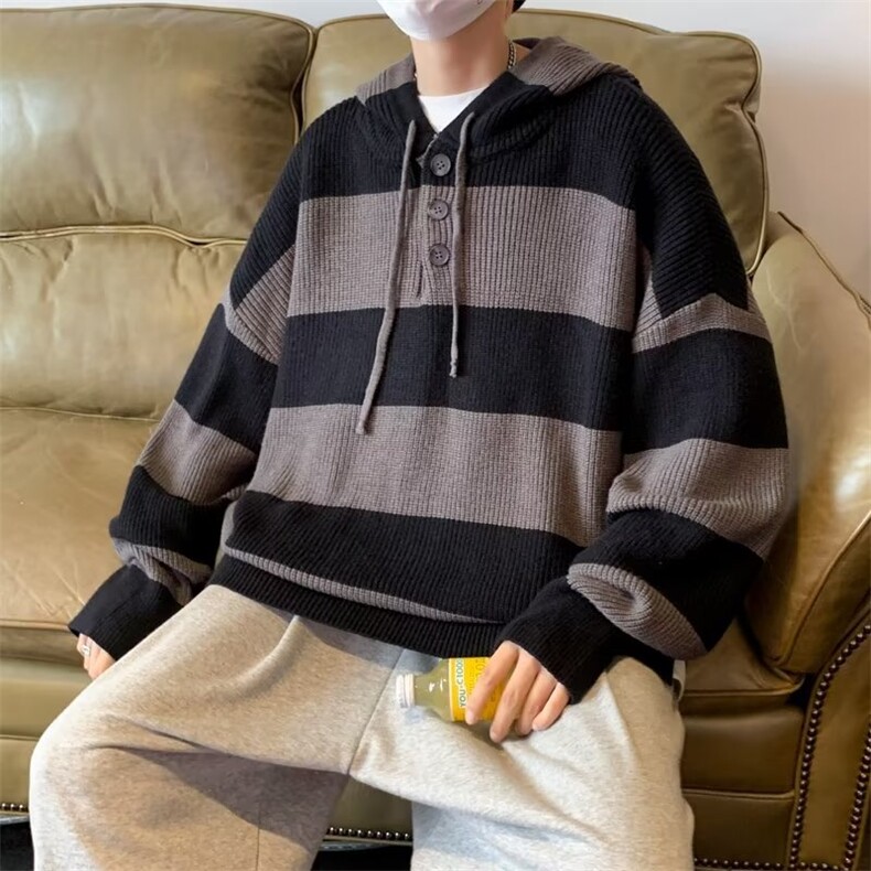 条纹毛衣男女2023新款宽松慵懒风针织衫秋冬连帽上衣外套,男装针织衫/毛衣,四季星座218-1