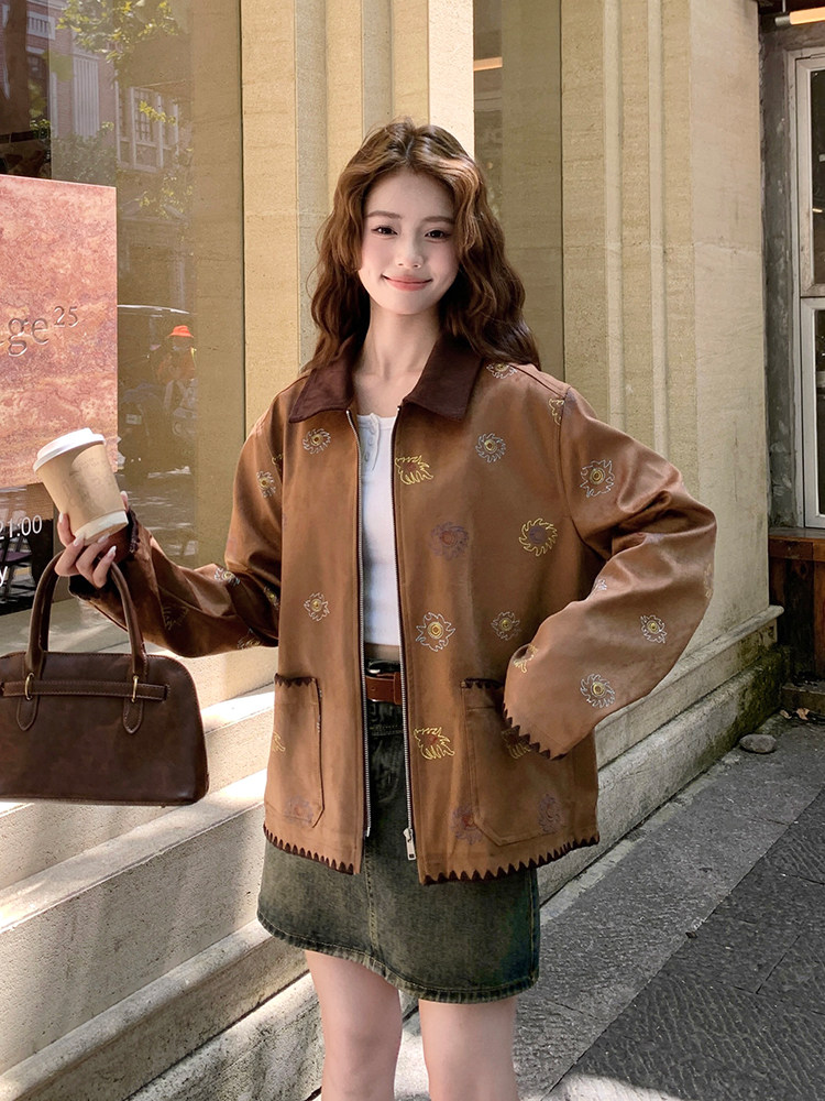 刺绣短外套美拉德风鹿皮绒夹克加厚加绒休闲秋冬，女装短外套，浙宝106