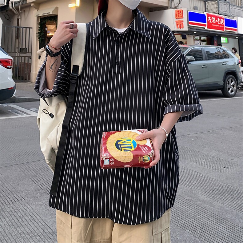 C8036/P35港风夏季条纹冰丝衬衫男短袖衬衣宽松休闲大码上衣图片